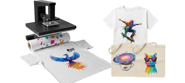 Impresión DTF camisas bolsos con logos y plancha