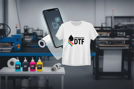 Impresión DTF contacto camiseta blanca con logo y una impresora con tintas de colores en un taller